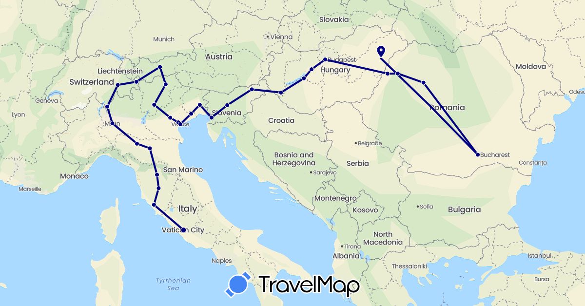 TravelMap itinerary: driving in Austria, Switzerland, Hungary, Italy, Romania, Slovenia (Europe)